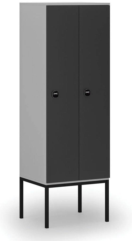 Drewniana szafa ubraniowa z podstawą, 2-drzwiowa, 1871 x 600 x 500 mm, demontaż, zamek RFID, szary/grafitowy