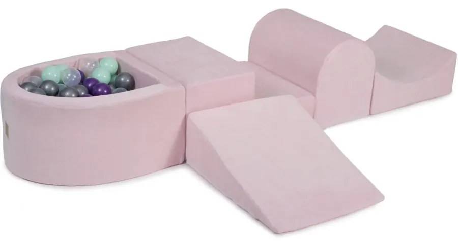 Piankowy Zestaw Do Zabawy Z Suchym Basenem 57x45x30cm/100 Piłek 7cm, Plac Zabaw Dla Dziecka, 5 Elementów, Welurowy, Jasnoróżowy, Piłki: Fioletowe, Srebrne, Miętowe, Transparentne - Meowbaby®