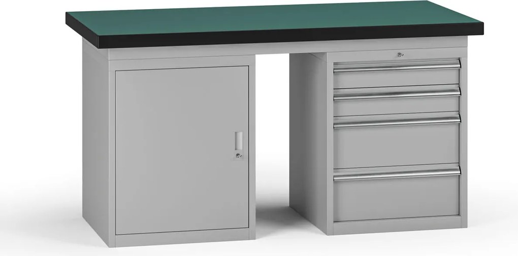 Stół warsztatowy G8, 1500 x 750 x 800 mm, 1x szafka, 1x kontener, 4x szuflada, szary