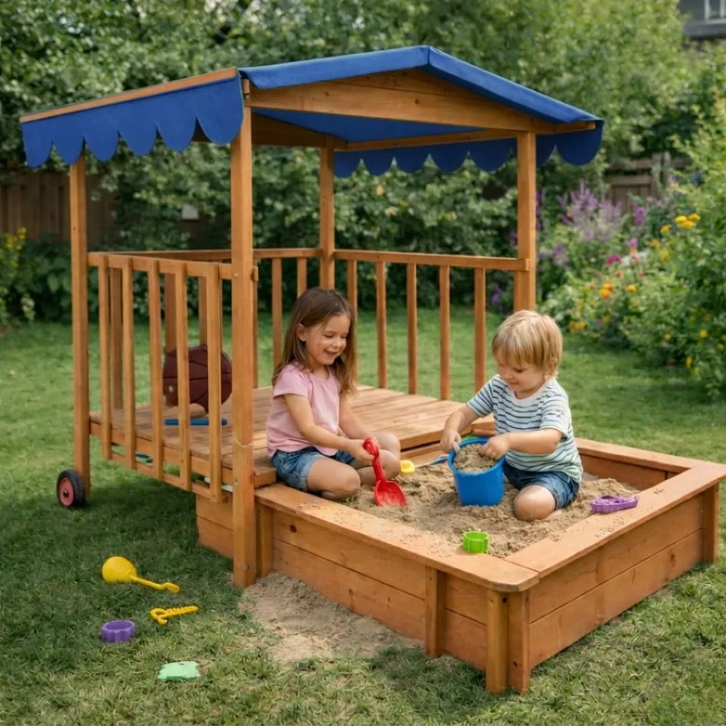 Piaskownica z werandą HAPPY, 130x130x143cm, brązowa/niebieska Jurhan