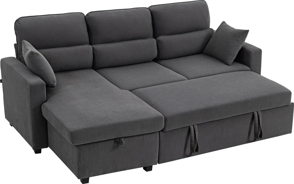HOMCOM Regulowana sofa rozkładana w kształcie L, narożna sofa dla gości z funkcją łóżka, schowkiem, poduszkami, do salonu, pokoju gościnnego, szara
