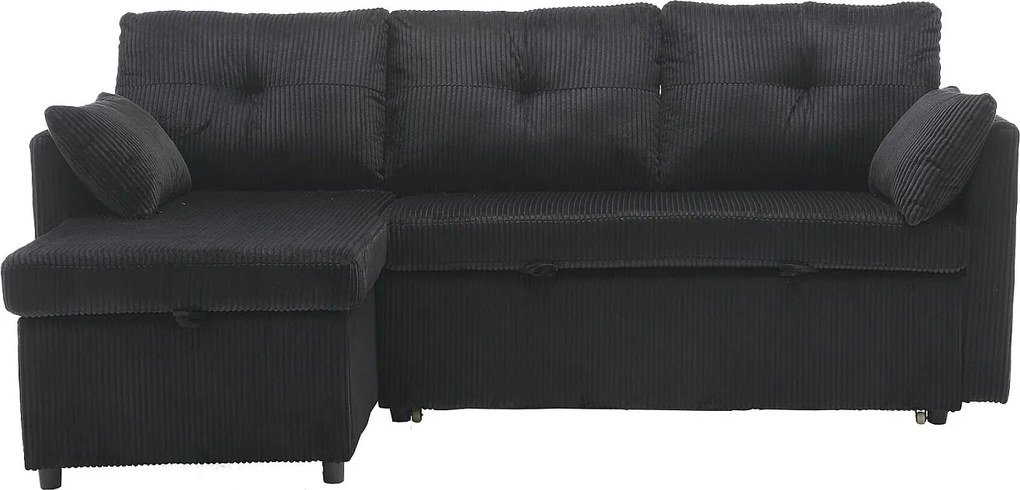 Czarna, pluszowa, rozkładana sofa narożna z pojemnikiem na pościel i wysuwanym szezlongiem – do salonu lub pracowni