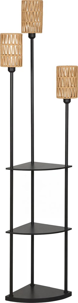 HOMCOM Lampa stojąca Boho 3-płomienna, 3 półki, klosz z papierowego sznura, czarna | Aosom PL