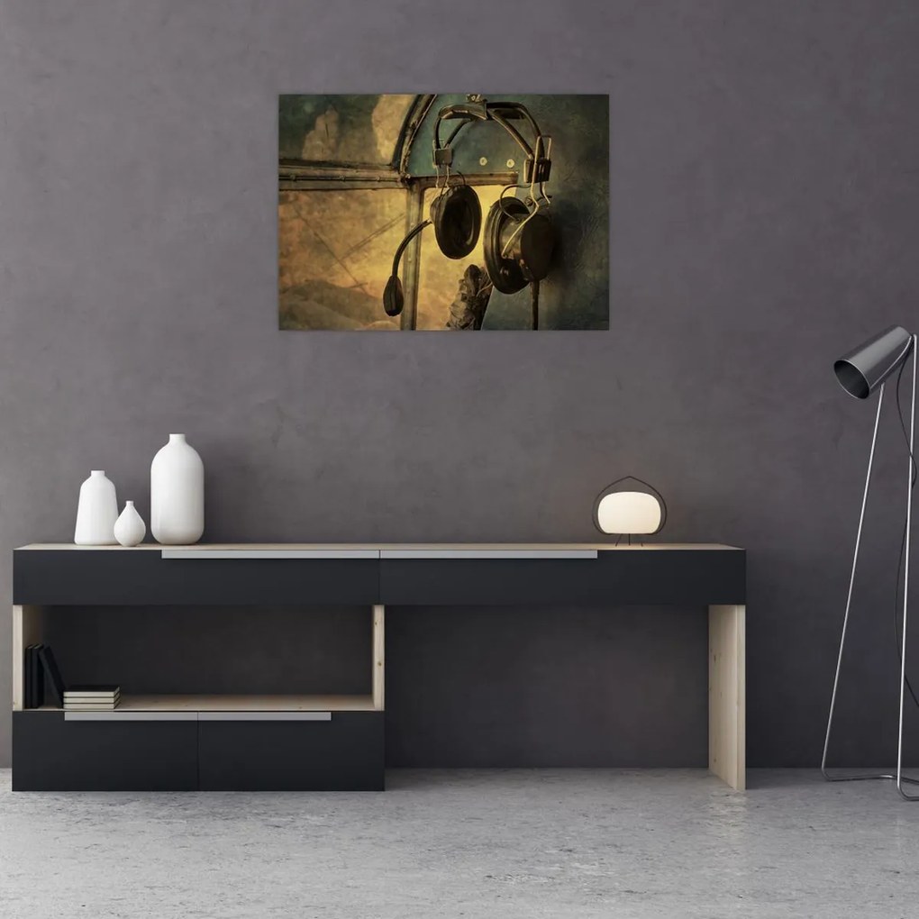 Obraz - Słuchawki lotnicze w stylu vintage (70x50 cm)