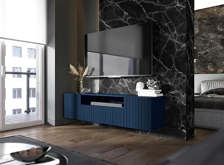 Granatowa ścienna szafka na tv z lamelami E8-B99