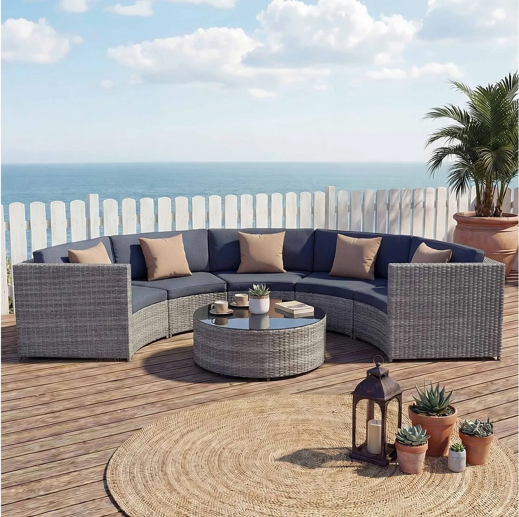 Zestaw polirattanowy MCW-E17 okrągły,  szary, tapicerka ciemnoszara, poduszki beżowe