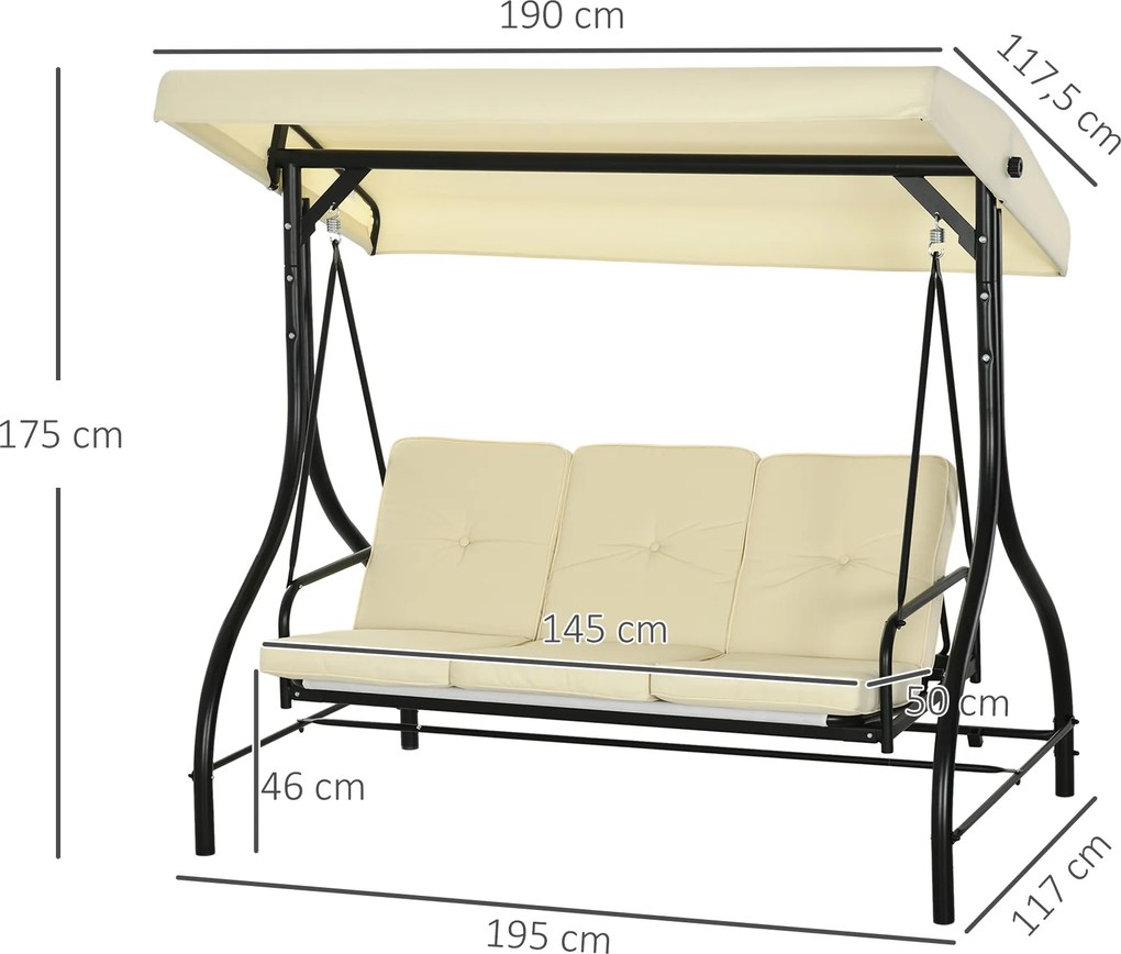 Outsunny Huśtawka Ogrodowa z Ochroną Przeciwsłoneczną, 3 Miejsca, Łóżko Huśtawkowe