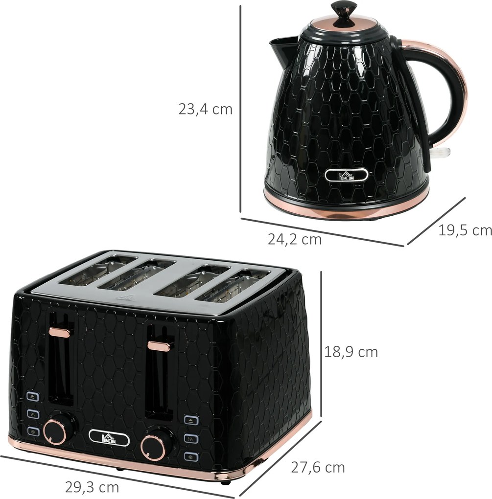 HOMCOM Zestaw kuchenny 2-w-1, toster i czajnik, kilka opcji, 1,7 L, 4 kromki jednocześnie, plastikowy, czarny