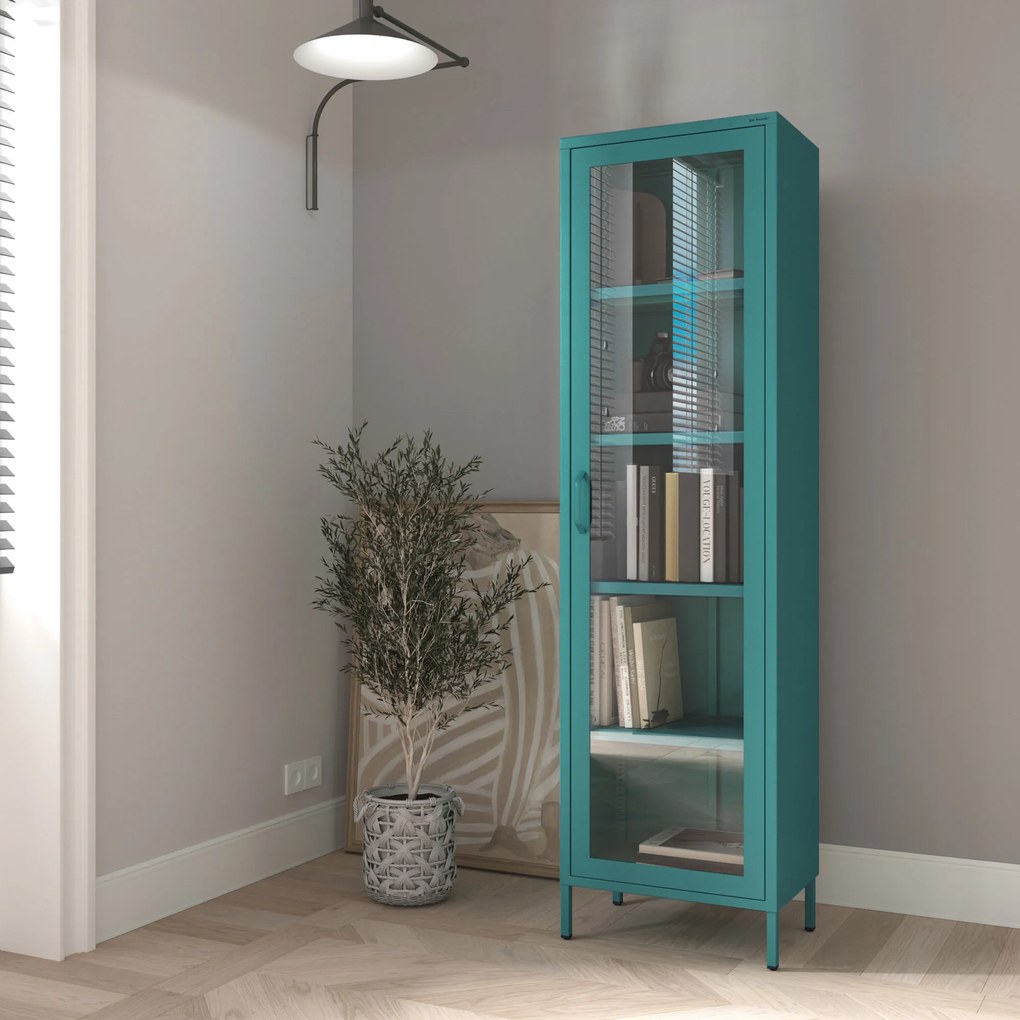 Witryna szklana do salonu wąska morska / turkusowa Modern LUIGI 500 x 1800 x 350 mm