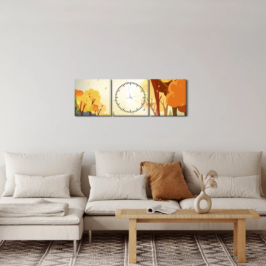 Obraz - Jesienny krajobraz, ilustracja (z zegarem) (90x30 cm)