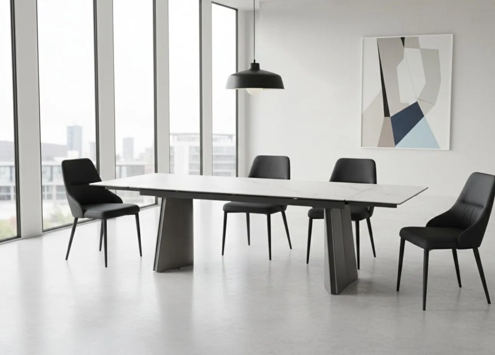 Nowoczesny stół rozkładany Nexus o wymiarach 200(280)×90 cm zachwyca eleganckim blatem z masy ceramicznej i solidną podstawą ze stali szczotkowanej. Styl, trwałość i funkcjonalność w jednym – idealny do jadalni i salonu.