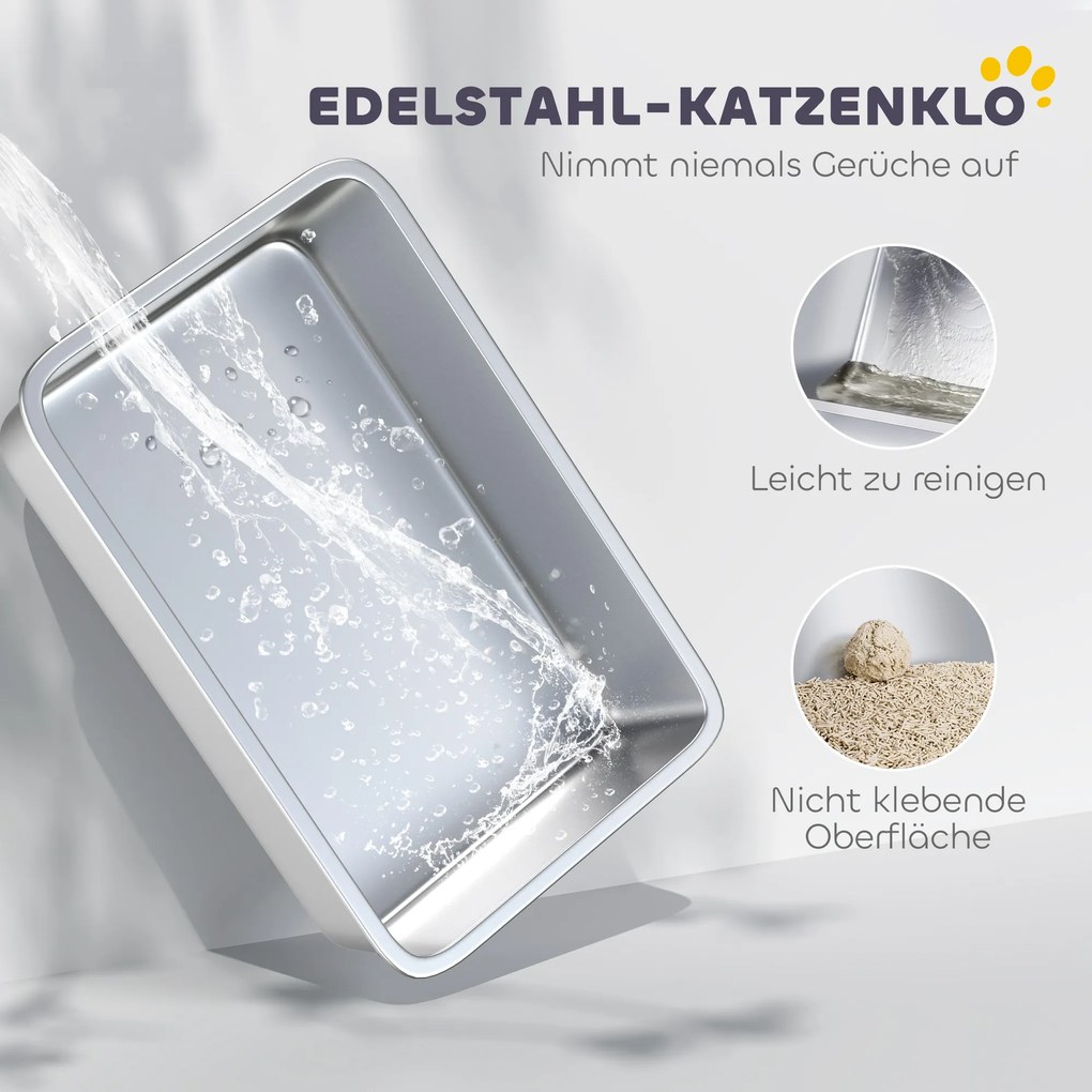 PawHut Kuweta ze stali nierdzewnej otwarta z łopatką, wysokie ścianki dla dużych kotów do 12 kg, 69,8 x 50,3 x 29,8 cm, Szara | Aosom PL
