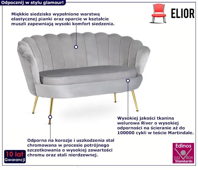 Szara welurowa sofa muszelka glamour - Avet