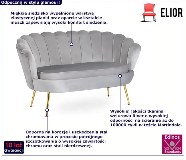 Szara welurowa sofa muszelka glamour - Deos