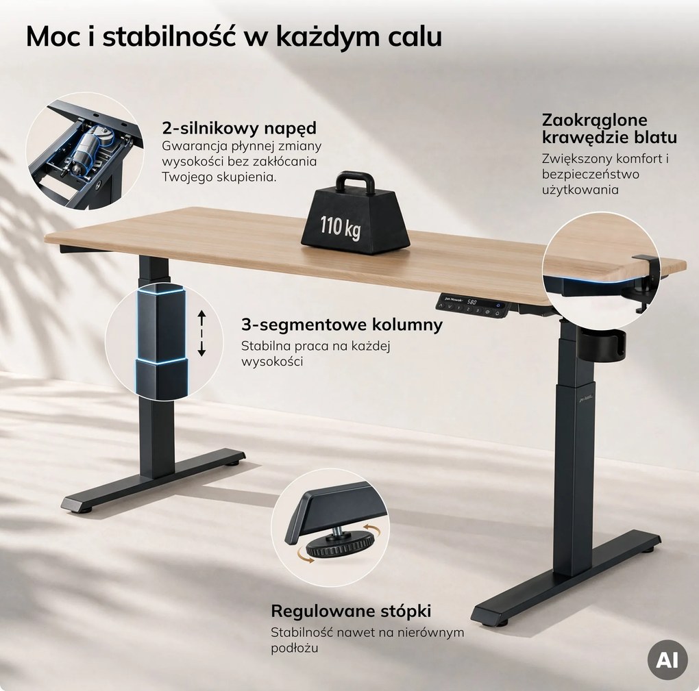 Biurko elektryczne z regulacją wysokości ergonomiczne antracytowe/dąb sonoma,1600x800 mm: ARIA