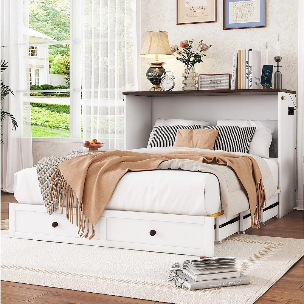 Łóżko Murphy'ego 140 x 200 cm z 2 szufladami i półką przy wezgłowiu - Drewno sosnowe i MDF - Port USB - Biały