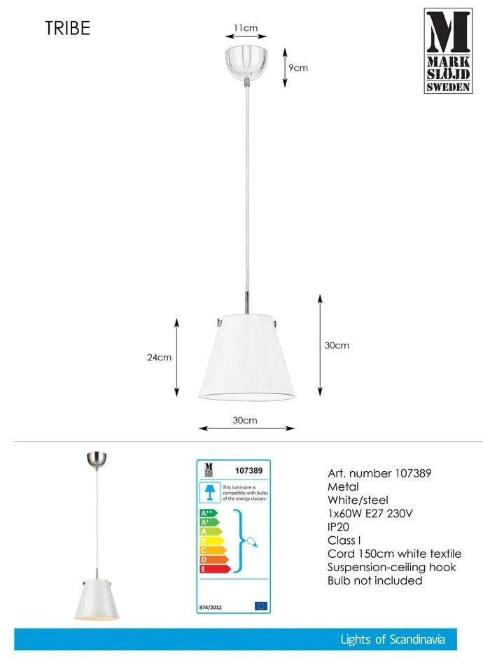 Biała lampa wisząca Markslöjd Tribe, ø 30 cm