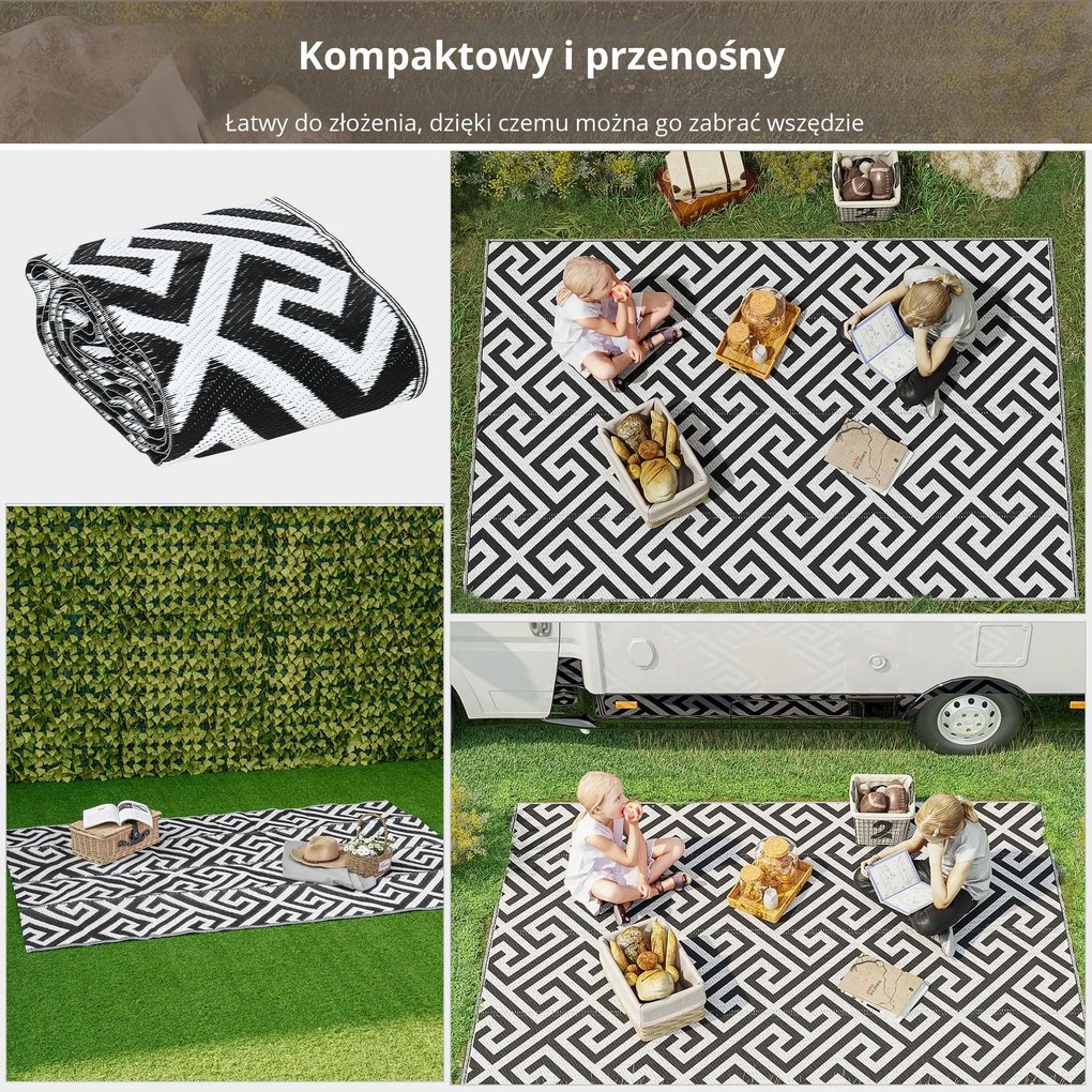 Outsunny Dywan Zewnętrzny Wodoodporny z Plastiku 152x243cm Wzór Czarno-Biały Stylowy i Praktyczny | Aosom PL