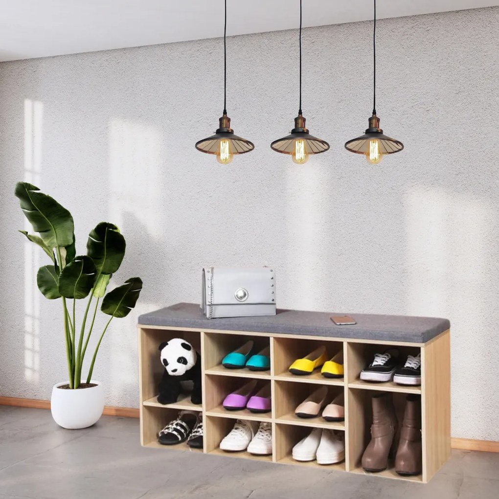 Szafka na buty z tapicerowaną ławką GABI, 10 przegródek, 104x30x48cm, szary/jasnobrązowy Jurhan