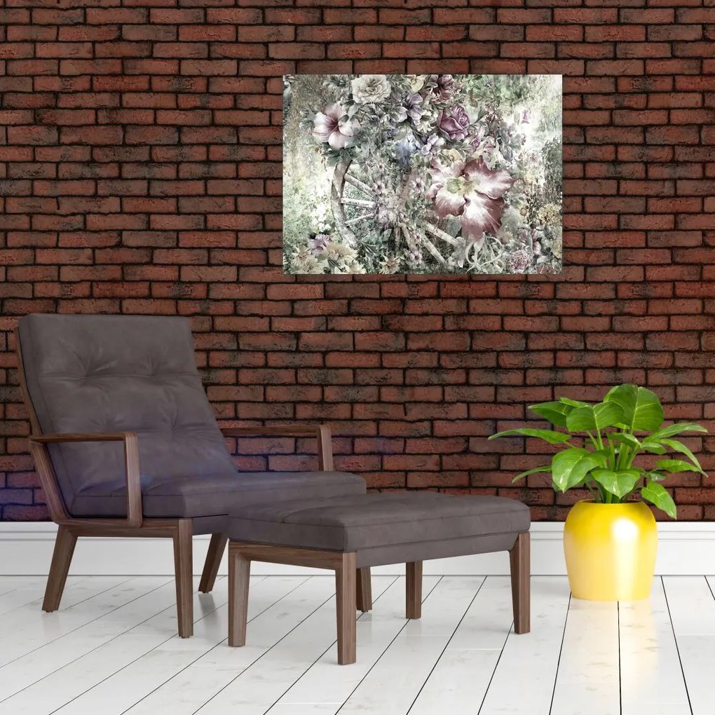 Obraz kwiatów na drewnianym kole (70x50 cm)