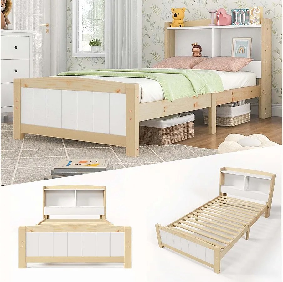 Łóżko dziecięce z litego drewna z głową do przechowywania + stelaż na listwy - 90x200cm - naturalne i białe