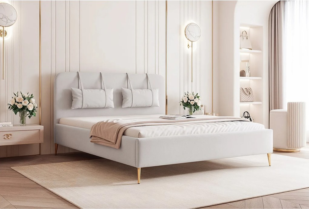 BESILIO Łóżko na złotych nogach 140x200 Monti II - Łóżko slim, ozdobne poduszki ściągane, metalowe nogi, ze stelażem i pojemnikiem na pościel- Jasnoszary