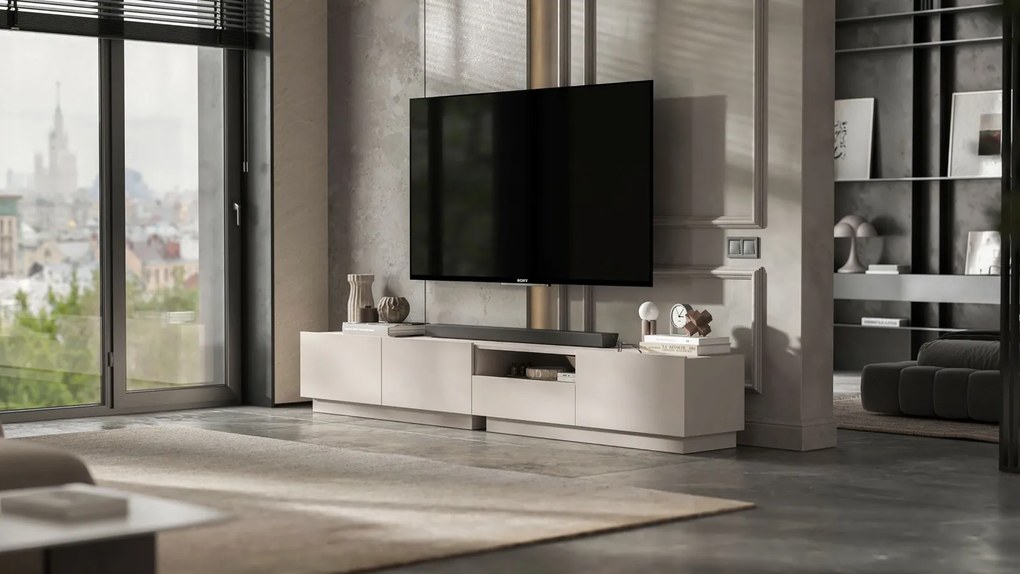 Podwójna szafka RTV Enjoy 240 cm z półką i szufladą, wisząco stojąca, kaszmir mat