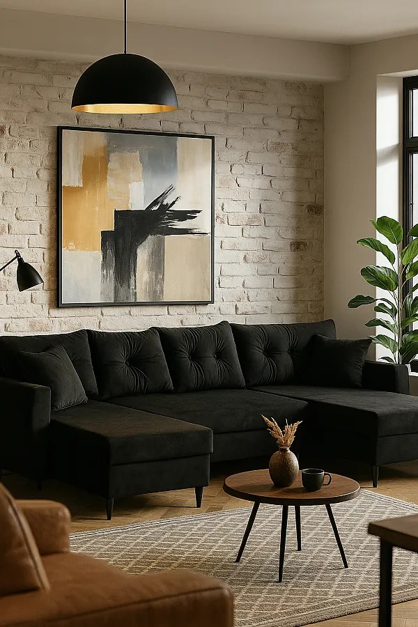 Narożnik z funkcją spania, ROMEO U , tkanina Riviera 100 czarna, wymiary 300 × 156 × 74 cm.