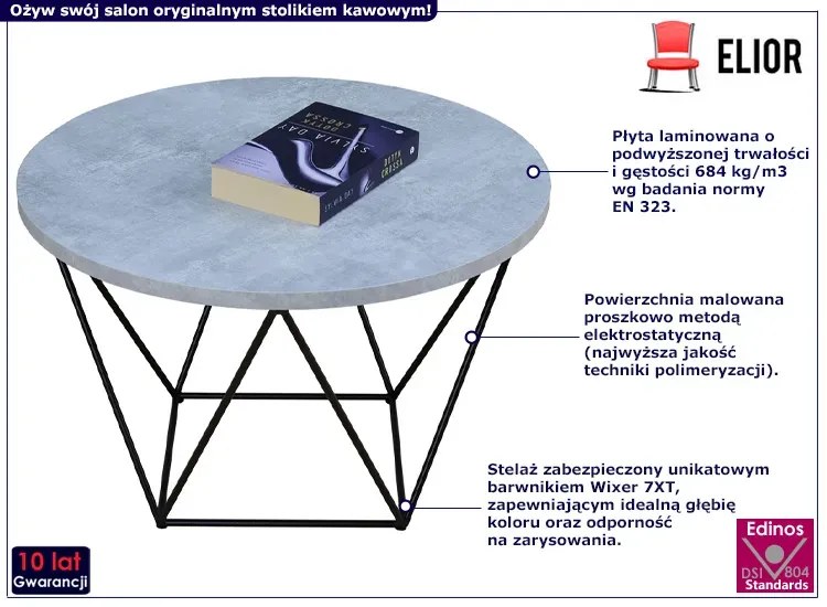 Okrągły stolik kawowy z geometrycznym stelażem beton - Boreko 4X