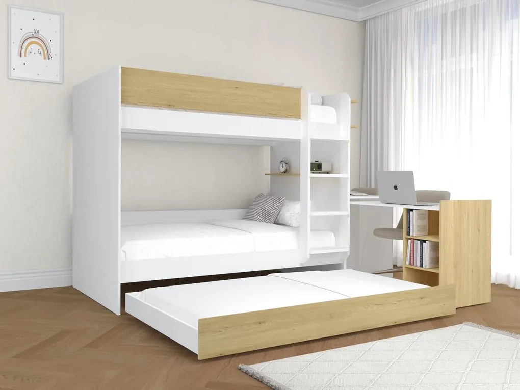 Łóżko piętrowe z wysuwanym posłaniem i 2 biurkami 3 x 90 x 190 cm - Biały i naturalny + Materac - DOMATI