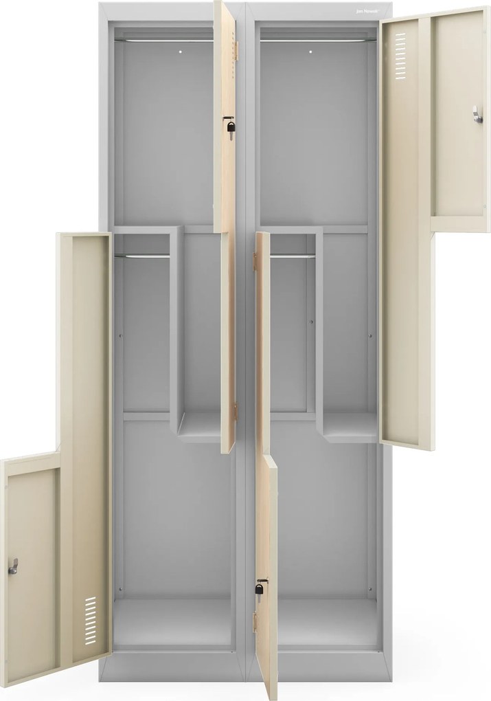 Szafa socjalna ubraniowa typu L, czterokomorowa, szara/dąb sonoma, 800x1850x450 mm: JULIA Eco Design