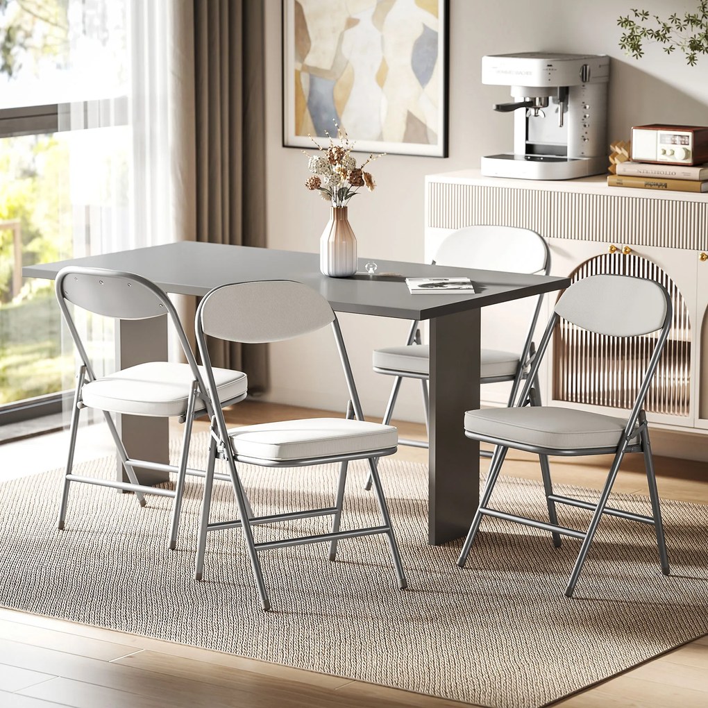 HOMCOM Zestaw 4 Wyściełanych Krzeseł Składanych, Foteliki z Pokryciem Sztruksowym, Oparcie, Stalowe Ramię, Kremowy