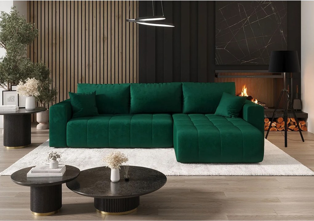 Narożnik z funkcją spania MILO Monolith 37 zielony prawy sofa w kształcie L z pojemnikiem na pościel sofa do salonu, sofa rozkładana, sofa z pojemnikiem