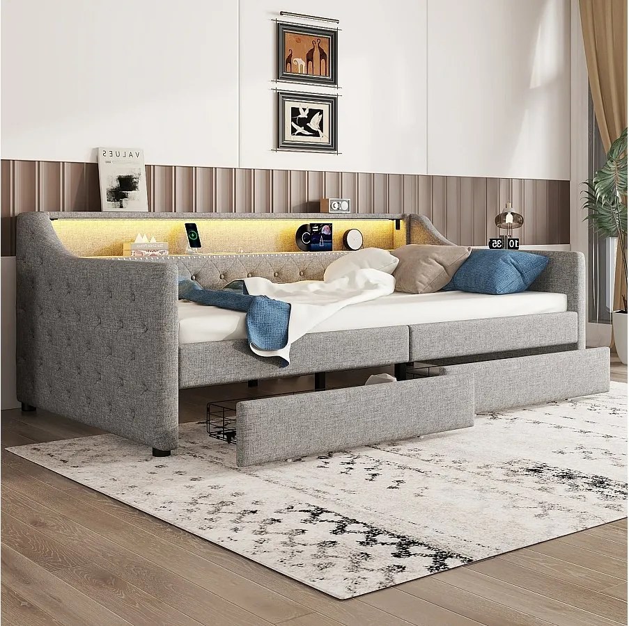 Łóżko tapicerowane 90 x 200 cm z wezgłowiem - LED-y - 2 szuflady, gniazdo ładowania USB i półka do przechowywania - tkanina lniana - szare (bez materaca)