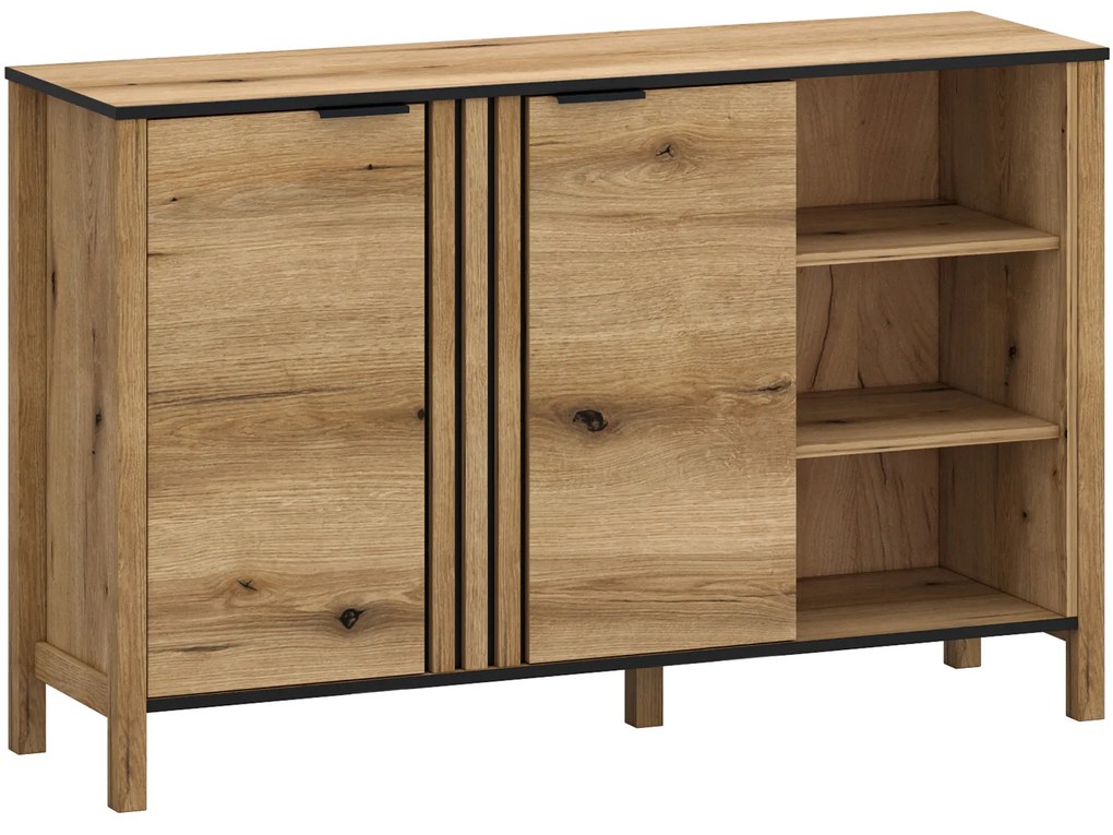 Komoda Dwudrzwiowa Drewniana z Lamelami do Salonu VERVE 138 cm Dąb Evok Klasyczna Loft
