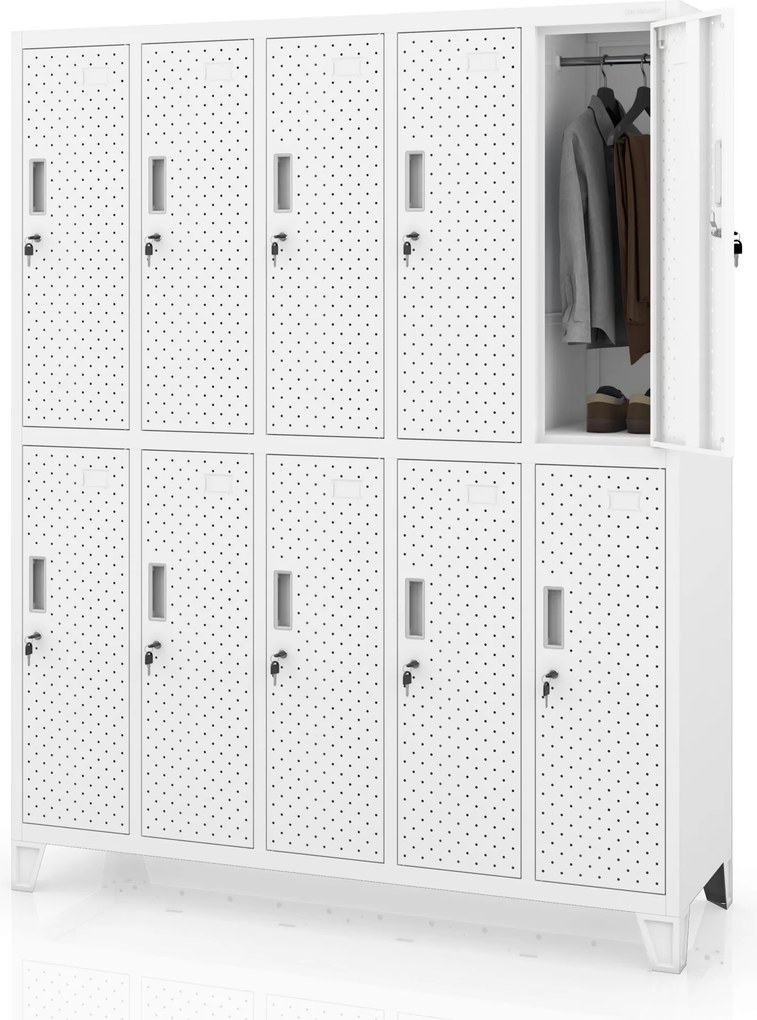 Szafka BHP ubraniowa, skrytkowa, perforowana, 10 skrytek, biała, 1360x1720x450 mm: BARTEK PRO