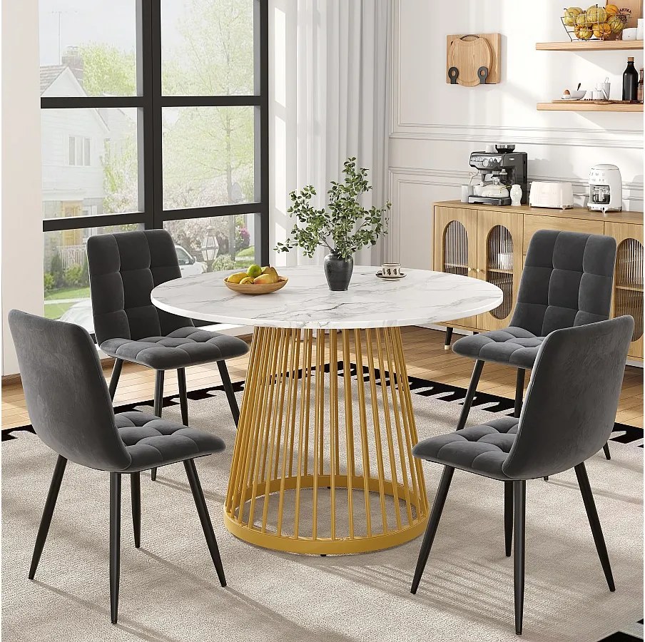 Zestaw 5 stołów i krzeseł do jadalni - 80 x 80 x 76 cm - blat stołu MDF + 4 krzesła welurowe - MDF + Metal - biały