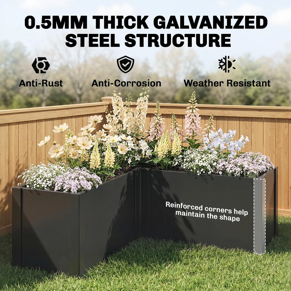 Outsunny Podwyższona grządka w kształcie litery L, odporna na warunki atmosferyczne, wykonana z ocynkowanej stali, 150 x 150 x 55 cm, czarna | Aosom PL