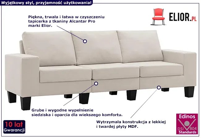 Trzyosobowa kremowa sofa z poduszkami - Lurra 3Q