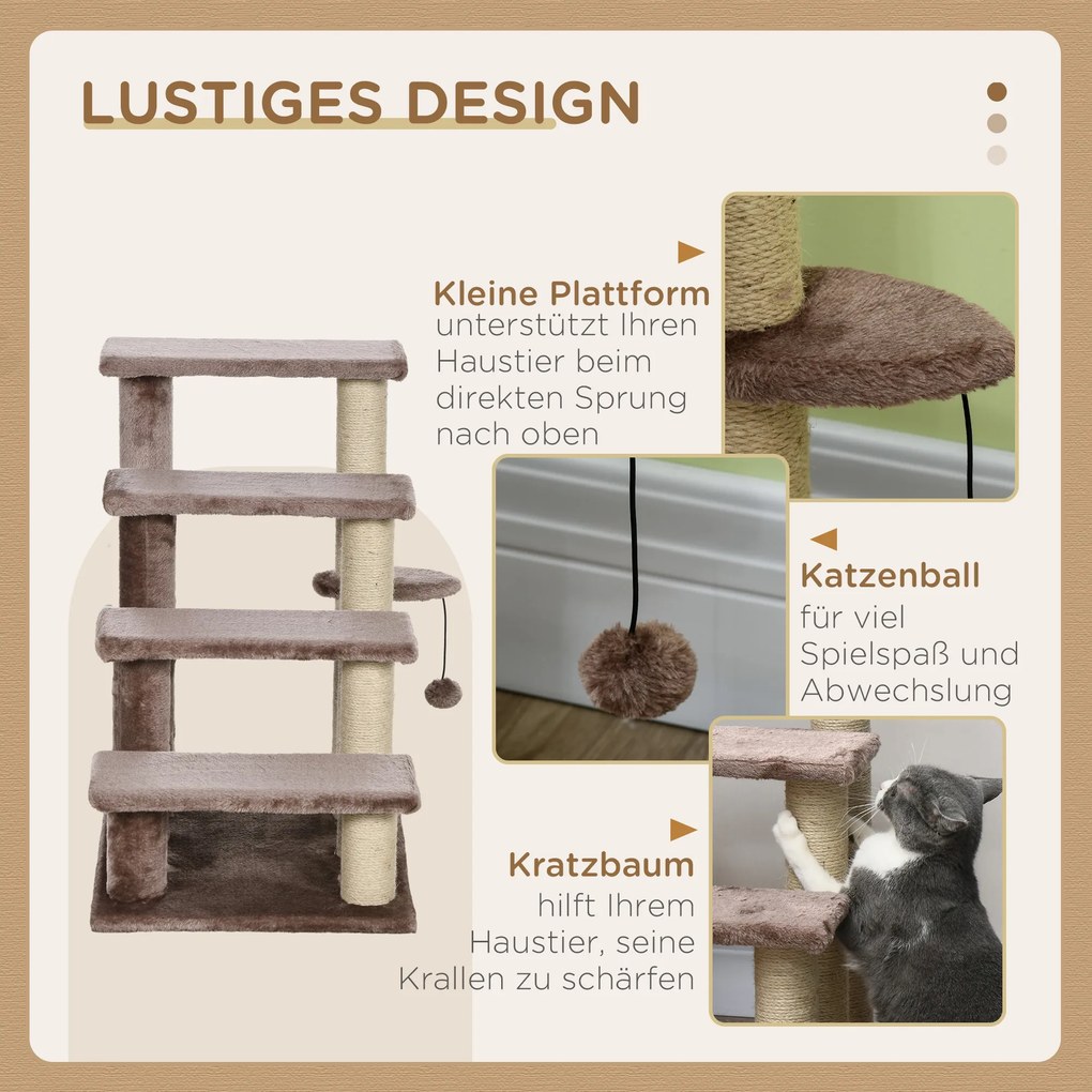PawHut drabinka dla kota z drapakiem 4 stopnie schodki dla małych zwierząt do 5 kg brązowa 60x40x64cm | Aosom PL