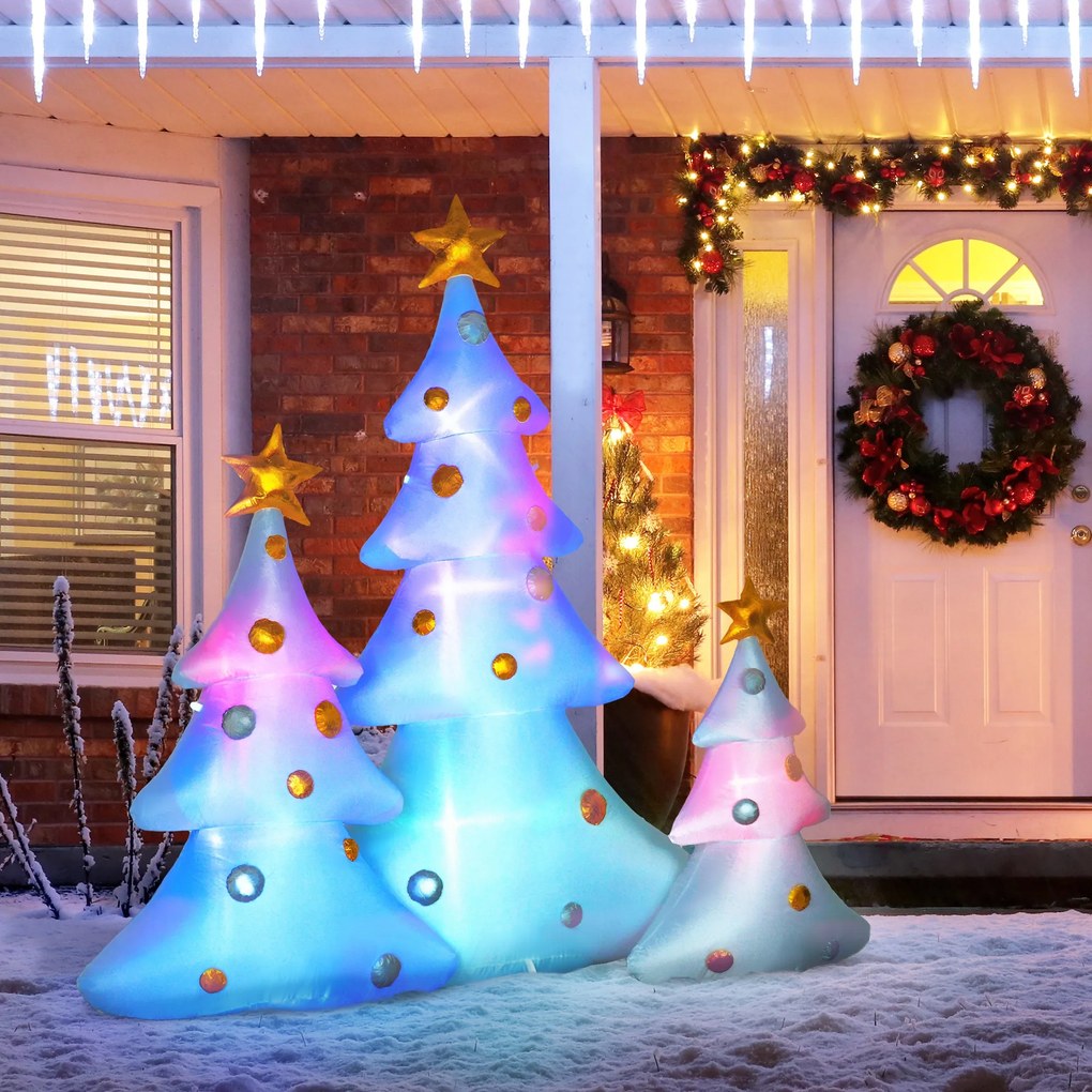 HOMCOM Zestaw 3 nadmuchiwanych choinek świątecznych, w tym wentylator, na zewnątrz i do wnętrz, z zestawem montażowym, Biały+Złoty