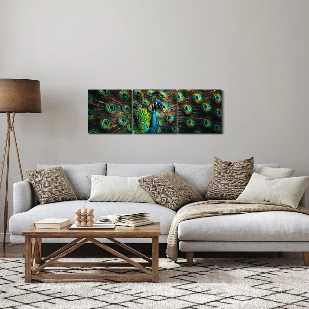 Obraz – Paw (z zegarem) (90x30 cm)