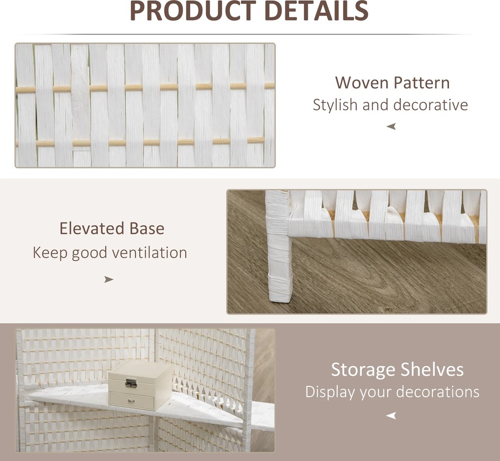 HOMCOM Parawan 4-częściowy 181 x 180 cm, Składany, z 2 półkami wykonany z drewna sosnowego i bambusa, do sypialni, biały | Aosom PL