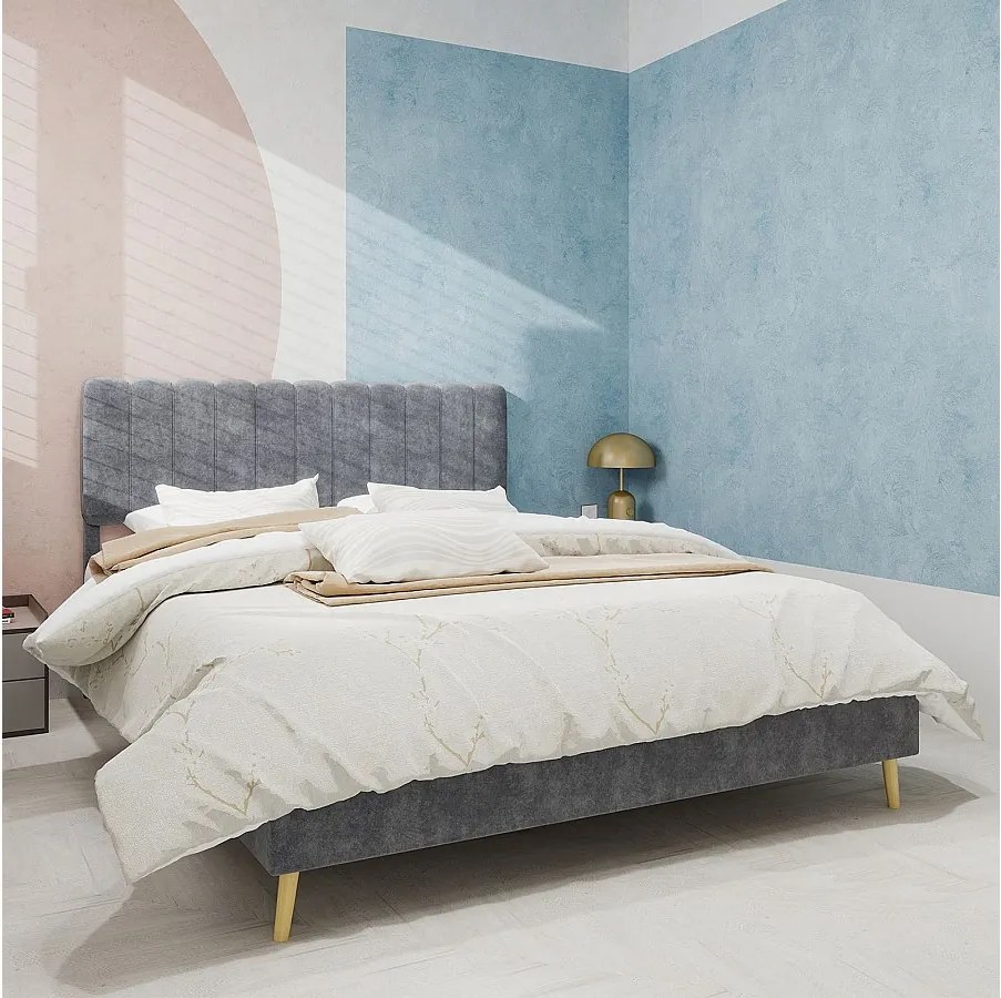 Łóżko dla dorosłych 160 x 200 cm - Łóżko małżeńskie z miękkim zagłówkiem i drewnianymi nogami - szary aksamit - materac nie jest wliczony w cenę