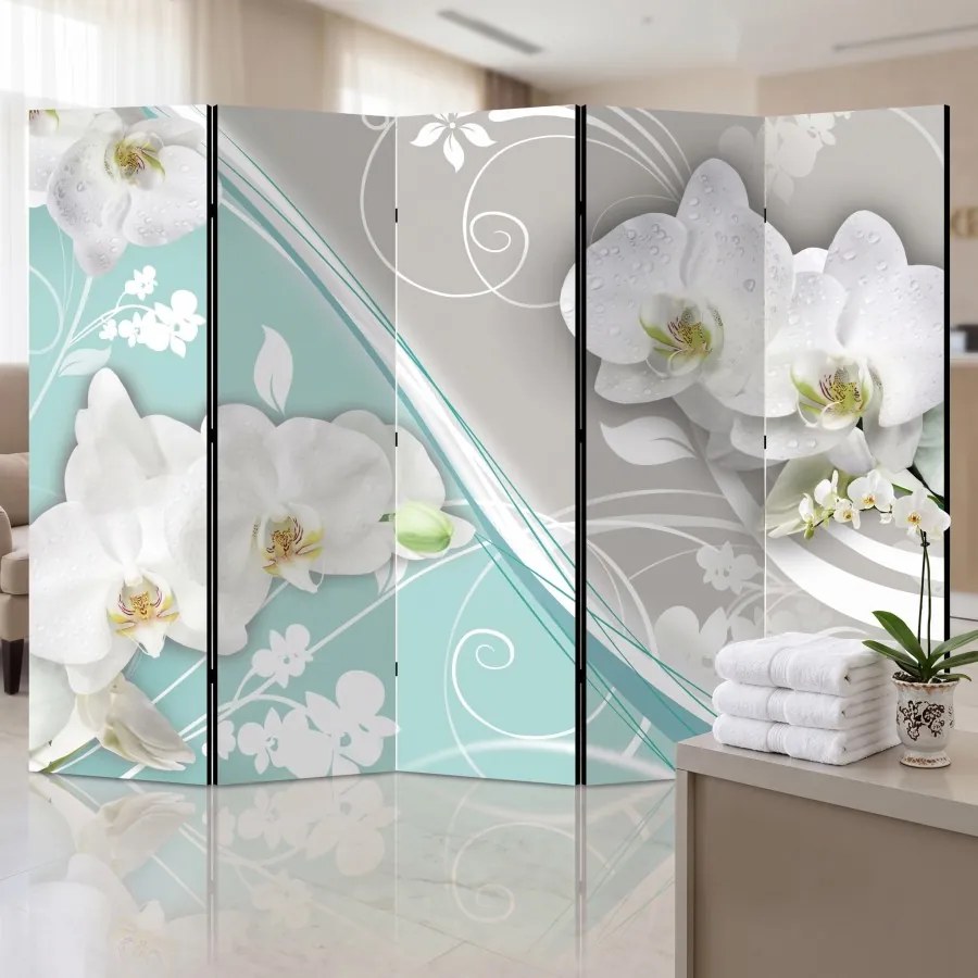 Parawan pokojowy 5-częściowy 225x172 Jednostronny dekoracyjny glamour romantyczny Szary Białe Orchidee Z Rosą