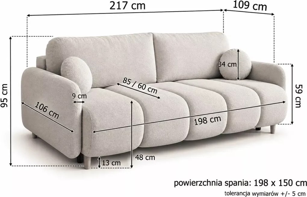 Kanapa Zapato 3-osobowa rozkładana DL z pojemnikiem na pościel