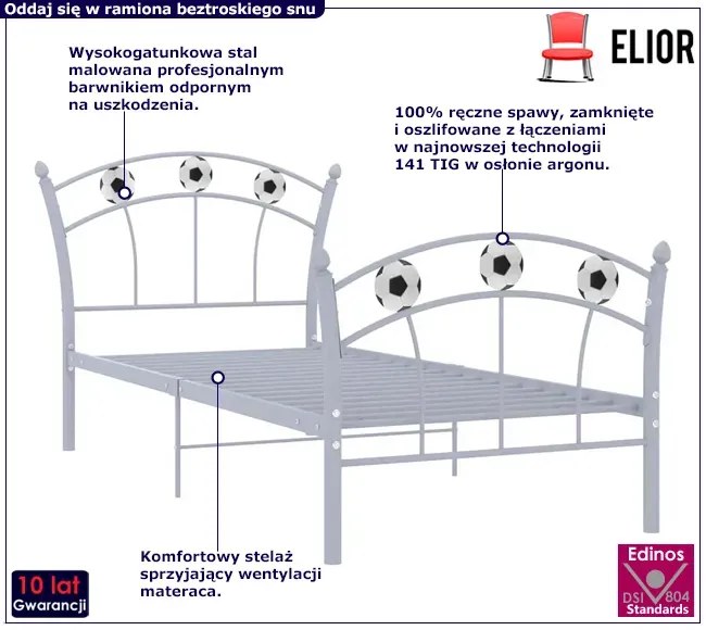 Szare metalowe łózko dziecięce z piłką 90x200 cm N4-Z06