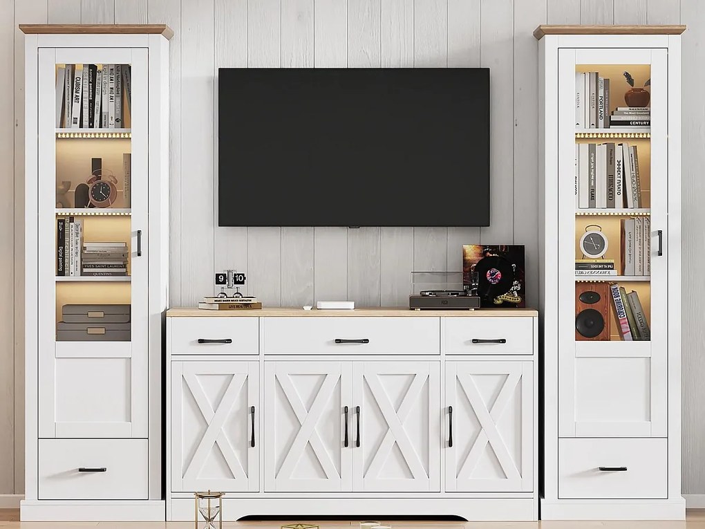 Zestaw salonowy: 2 nowoczesne witryny LED i 1 nowoczesny biały bufet - Biały