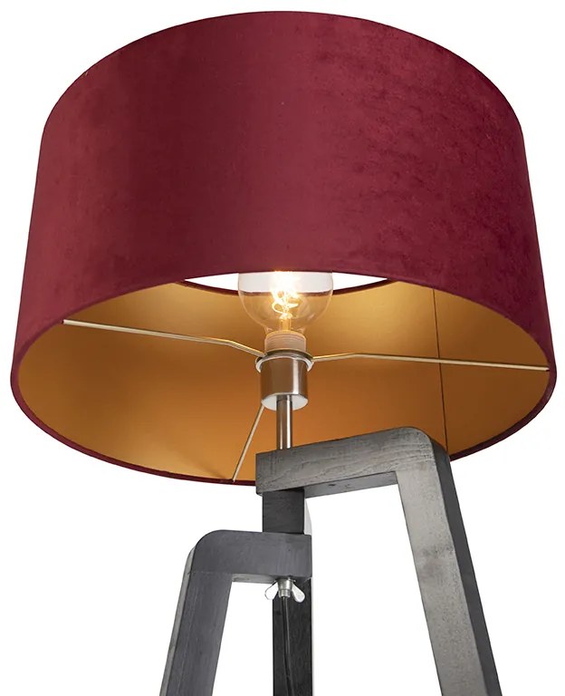 Lampa podłogowa trójnóg czarna z czerwonym kloszem i złotem 50 cm - Puros klasyczny/Antyczny Oswietlenie wewnetrzne