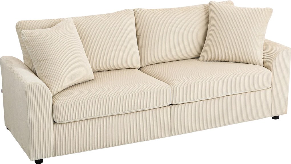 HOMCOM Sofa 3-osobowa z poduszkami dekoracyjnymi, Corduroy, do salonu, sypialni, szerokość 212 cm, Kremowa